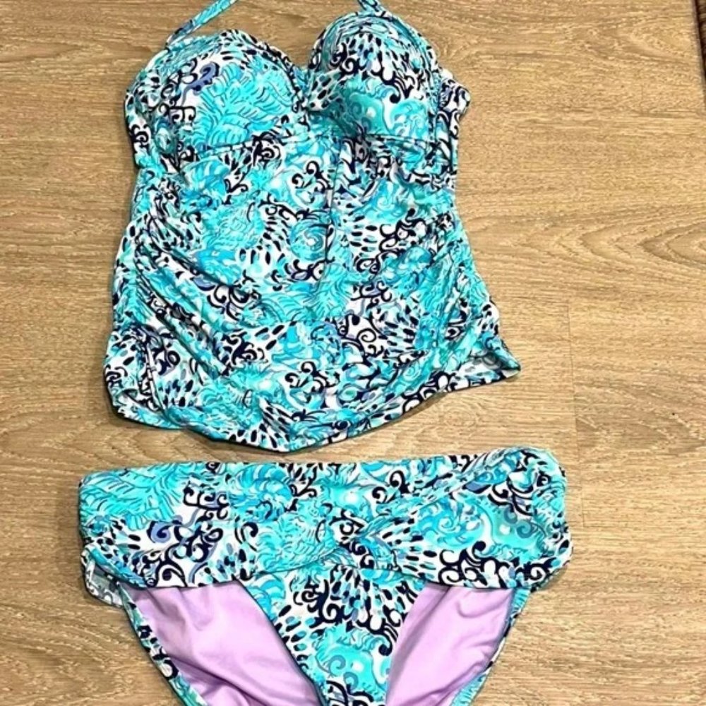 EUC - Lilly Pulitzer Size 14 Swim Top & Bottom - Flamenco Tankini Light Aqua